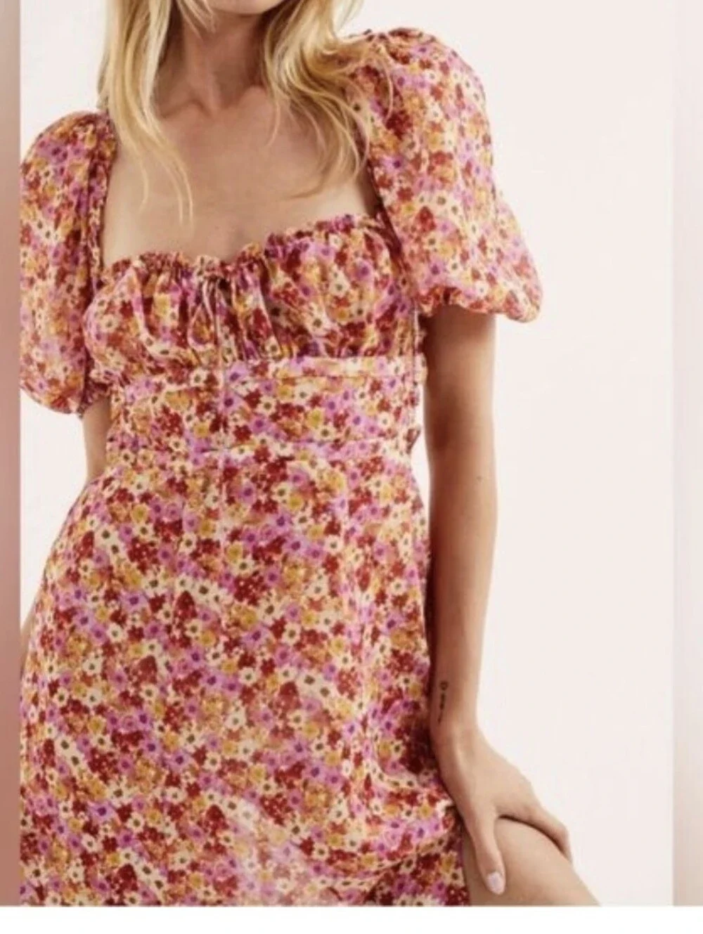 For Love & Lemons Felicia Pink Floral Puff Sleeve Midi Dress Slit Size Small S